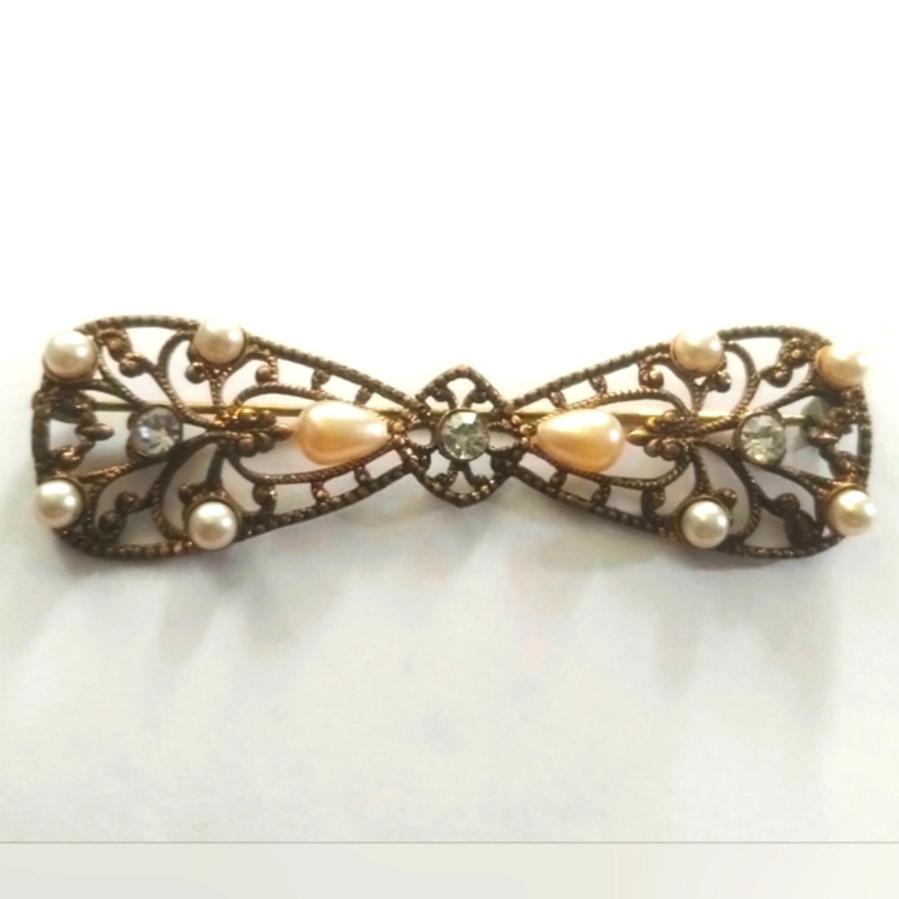 Vtg 1930s Art Deco Filigree Faux Pearl Paste Bow Pin Brooch